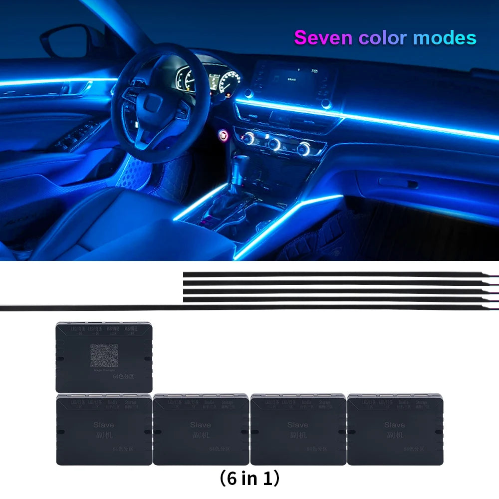 18 in 1 Dual Zone Symphony LED Car Ambient Lights RGB 64 Colors Interior Rainbow Acrylic Strip Neon Atmosphere Lighting Kit App