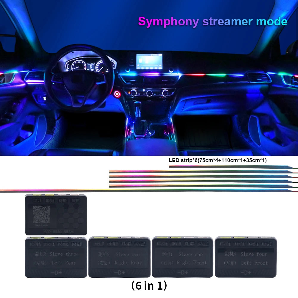 18 in 1 Dual Zone Symphony LED Car Ambient Lights RGB 64 Colors Interior Rainbow Acrylic Strip Neon Atmosphere Lighting Kit App