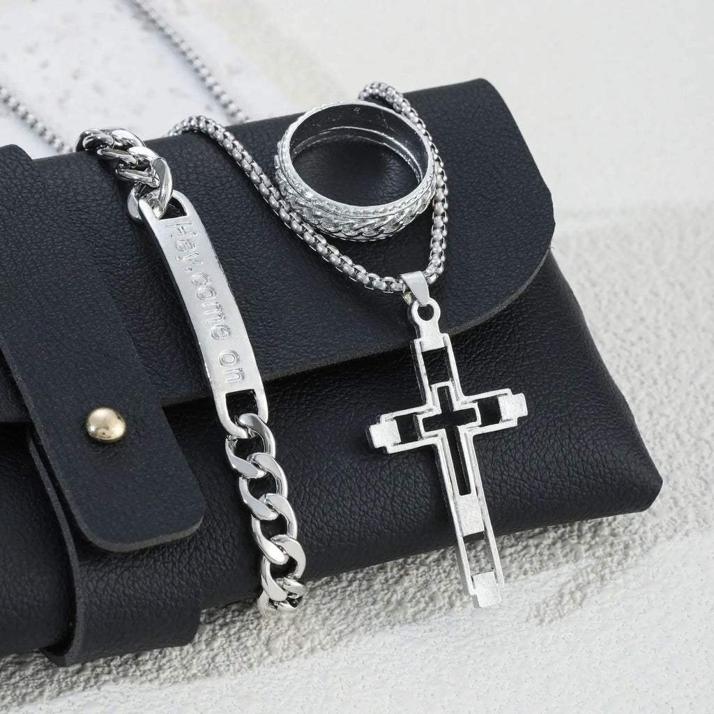 A set of 3 men's stainless steel cross necklace, bracelet and ring, gift-fever chain necklace with cross pendant, Cuban chain br
