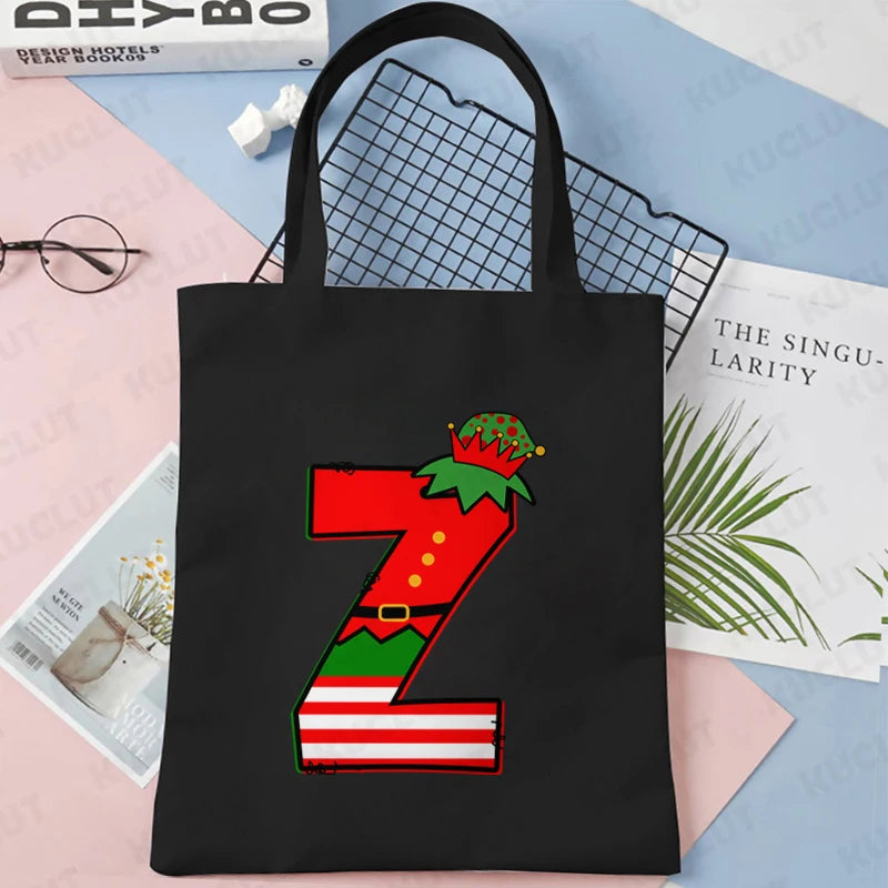 Merry Christmas 26 Alphabet Canvas Tote Bag for Women Letters Aesthetic Shoulder Bag Cartoon Capybara Student Reusable Handbags