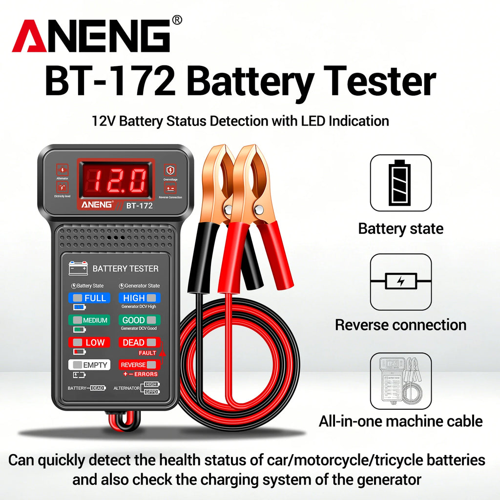 Car Battery Tester ANENG BT-172 12V Status Indicator Charge System Analyzer Voltage Meter Digital Display Alligator Clips Tool