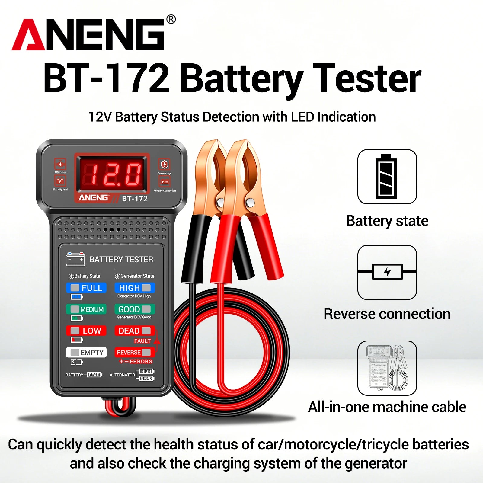 Car Battery Tester ANENG BT-172 12V Status Indicator Charge System Analyzer Voltage Meter Digital Display Alligator Clips Tool
