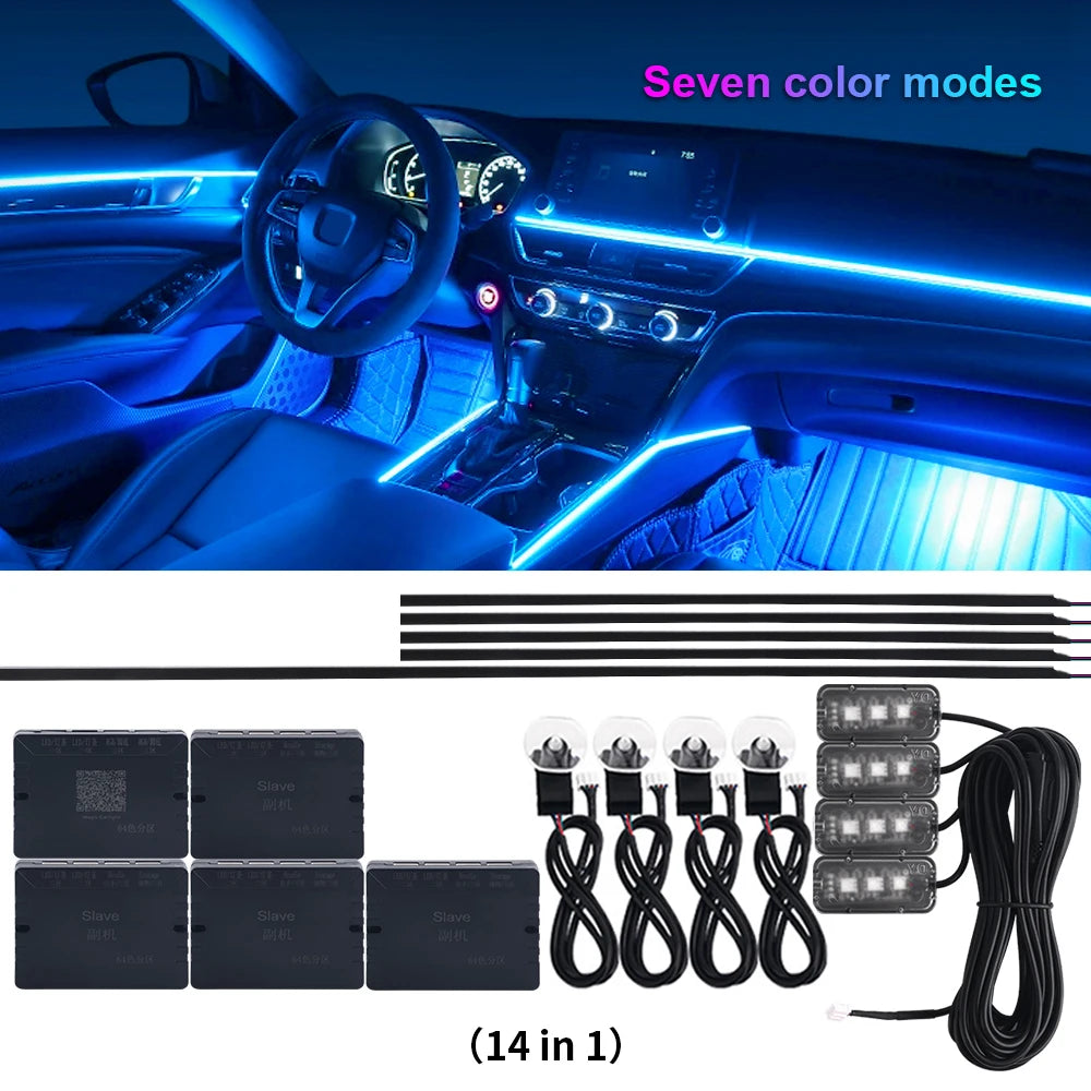 18 in 1 Dual Zone Symphony LED Car Ambient Lights RGB 64 Colors Interior Rainbow Acrylic Strip Neon Atmosphere Lighting Kit App