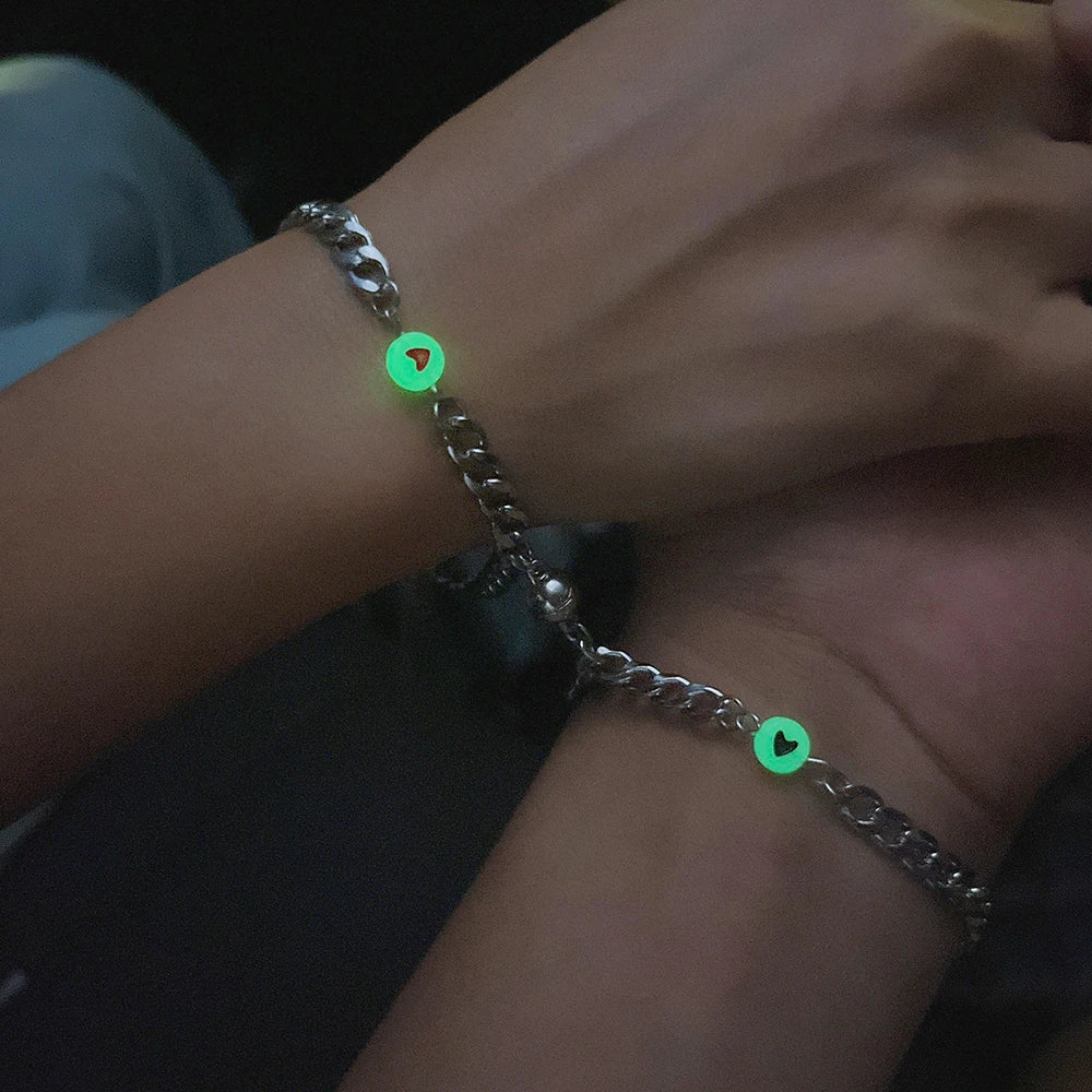 Stainless steel dark luminous fluorescent heart-shaped Beads Bracelet magnetic attraction lovers men and women jewelry wholesale