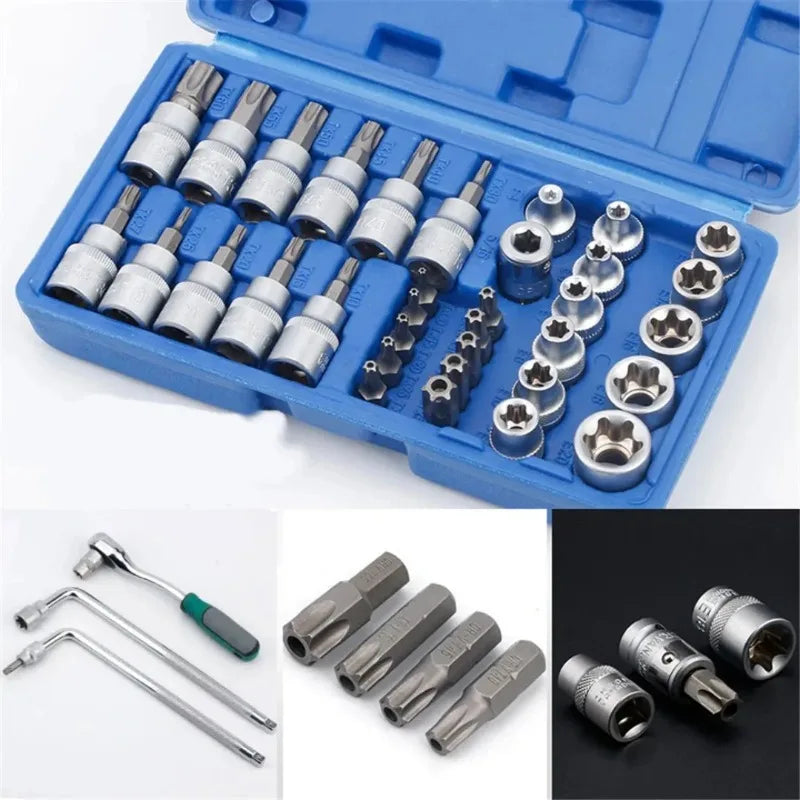 2026 34pcs Bit Socket and E-Torx Star Socket Set 1/4" 3/8" Drive Male Female E-torx Security Bits Handheld Tool Auto Repair Tool