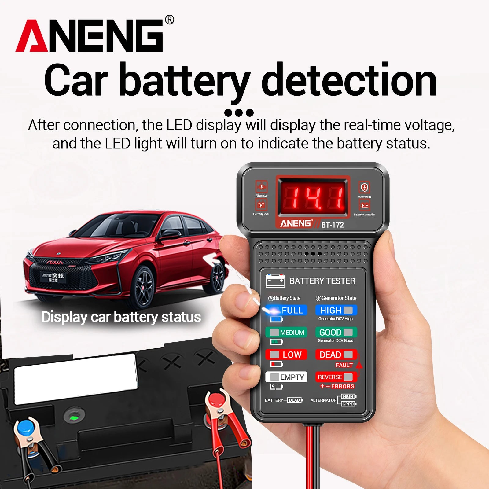 Car Battery Tester ANENG BT-172 12V Status Indicator Charge System Analyzer Voltage Meter Digital Display Alligator Clips Tool